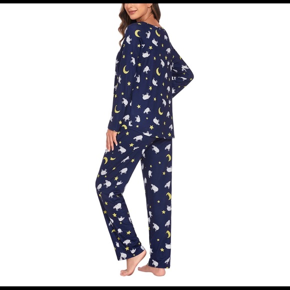 Navy moon & sheep pajama lounge set button top pull on bottom pajamas pj set - Picture 3 of 6